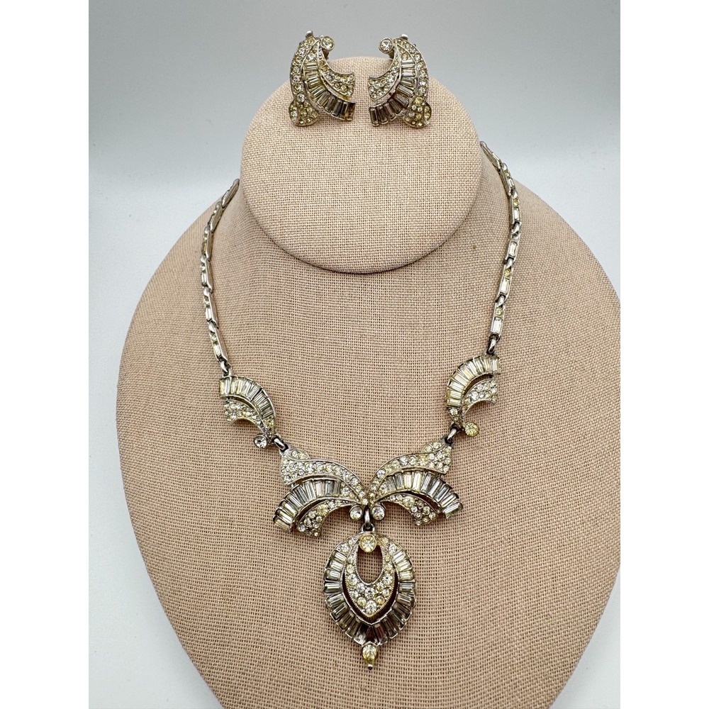 Vintage Bogoff Necklace Set Rhodium Plated Crystal Ribbon Demi Parure READ